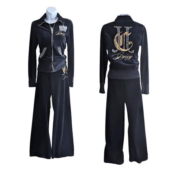Vtg Y2K JUICY COUTURE 3pc Black Mixed Metal Velour Matching Tracksuit Set Sz S/L - Picture 3 of 11